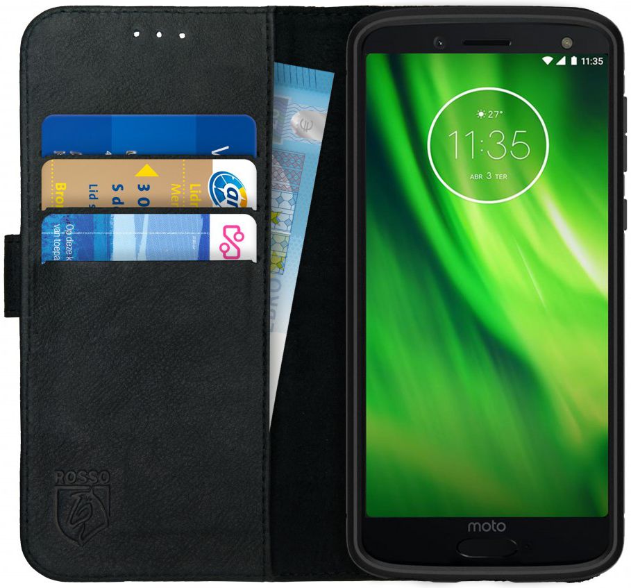 Rosso Deluxe Motorola Moto G6 Hoesje Echt Leer Book Case Zwart afbeelding 1