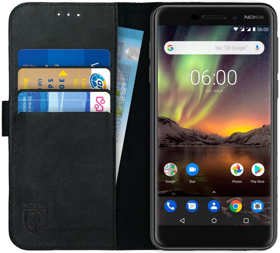 Rosso Deluxe Nokia 6 (2018) Hoesje Echt Leer Book Case Zwart afbeelding 1