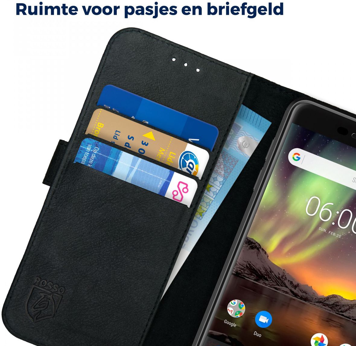 Rosso Deluxe Nokia 6 (2018) Hoesje Echt Leer Book Case Zwart afbeelding 5