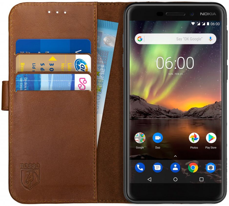 Rosso Deluxe Nokia 6 (2018) Hoesje Echt Leer Book Case Bruin afbeelding 1