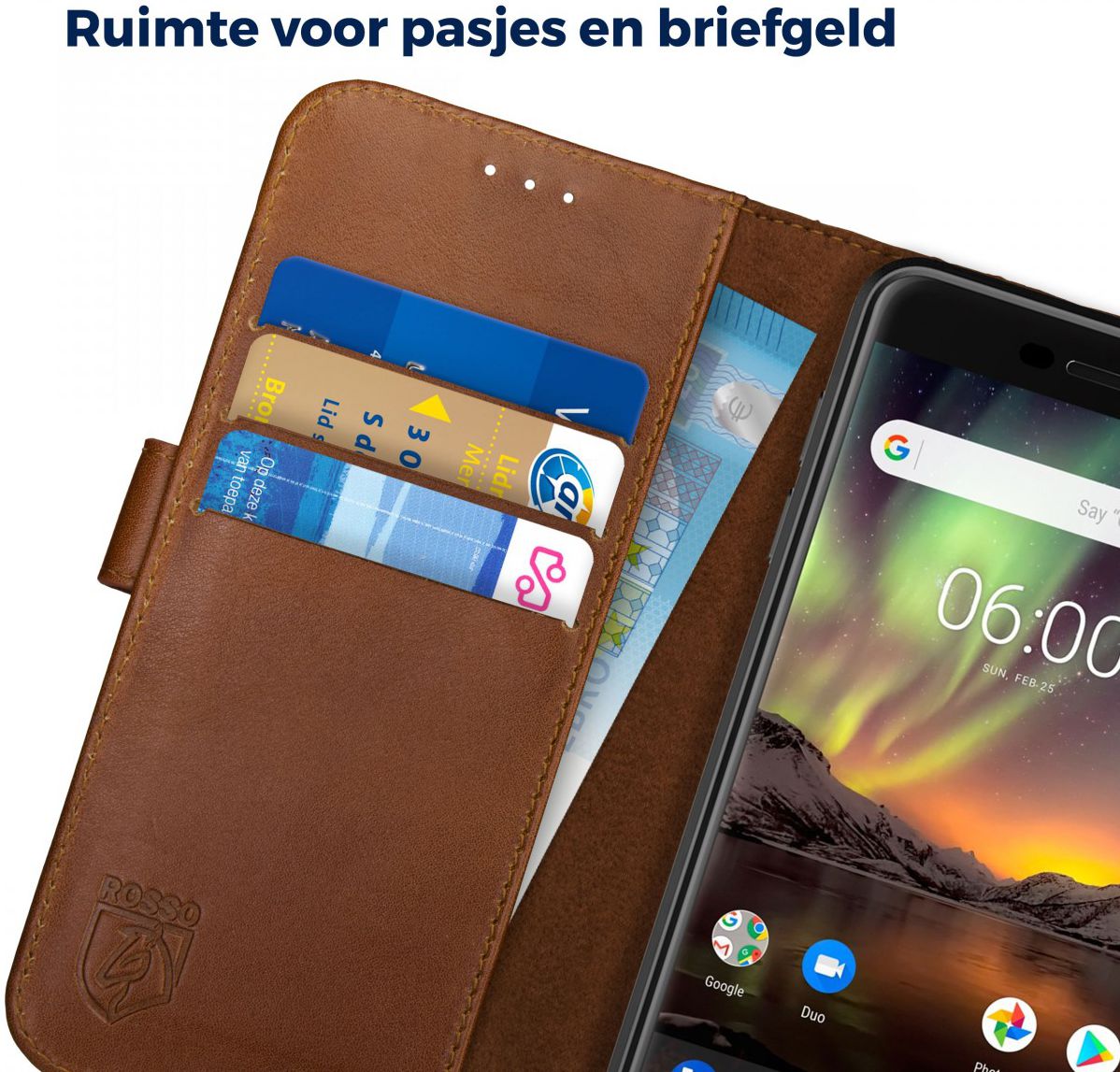 Rosso Deluxe Nokia 6 (2018) Hoesje Echt Leer Book Case Bruin afbeelding 5