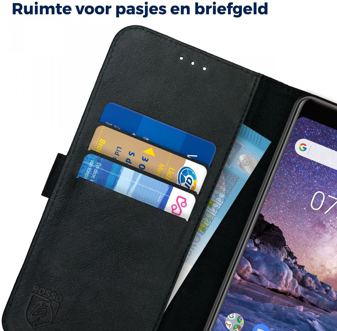 Rosso Deluxe Nokia 7 Plus Hoesje Echt Leer Book Case Zwart afbeelding 5