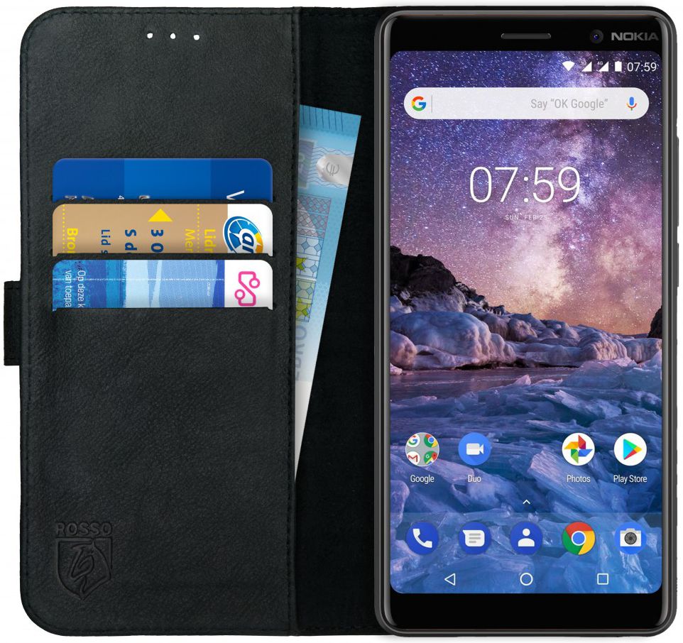 Rosso Deluxe Nokia 7 Plus Hoesje Echt Leer Book Case Zwart afbeelding 1
