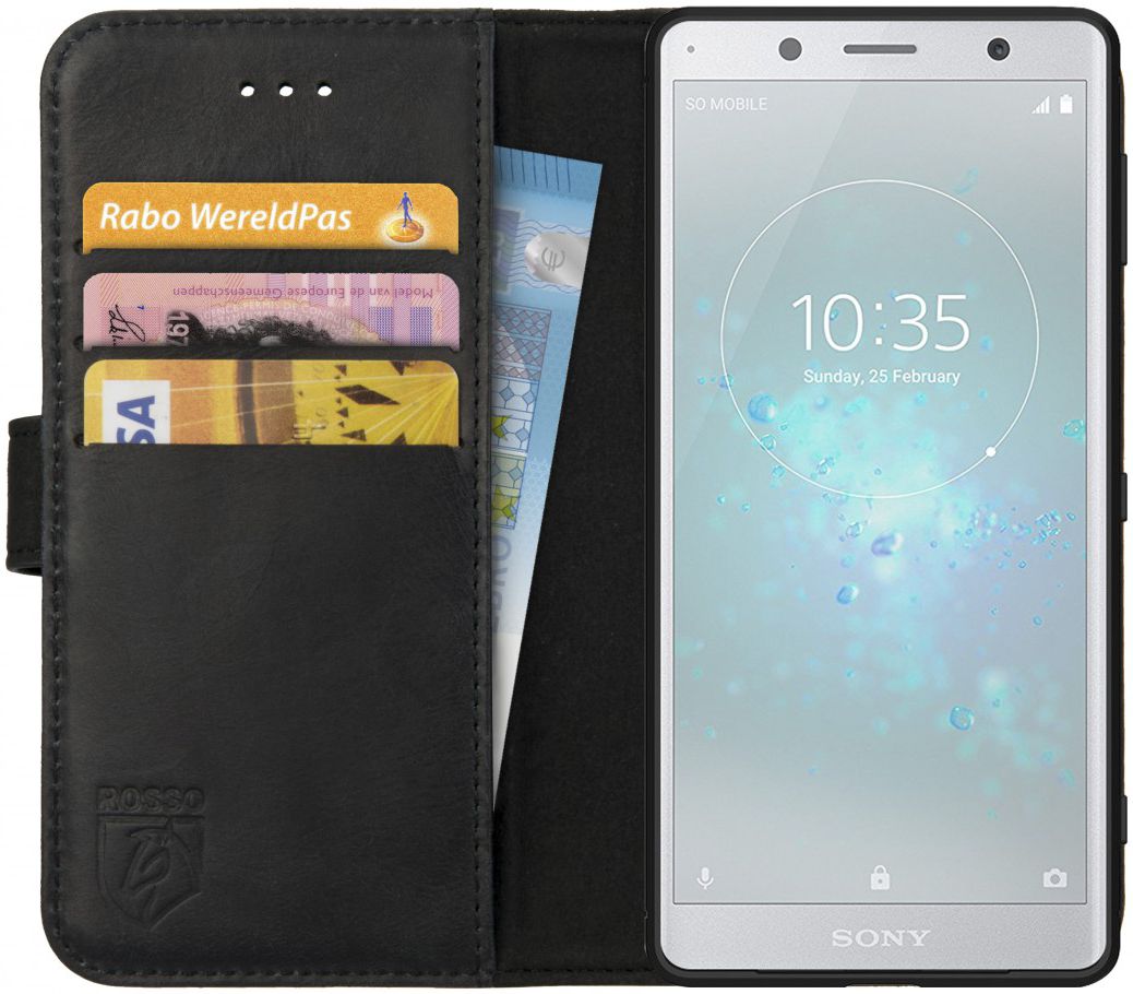 Rosso Deluxe Sony Xperia XZ2 Compact Hoesje Echt Leer Book Case Zwart afbeelding 1