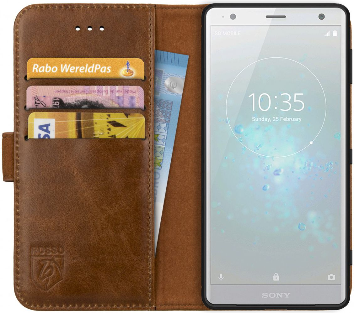Rosso Deluxe Sony Xperia XZ2 Hoesje Echt Leer Book Case Bruin afbeelding 1