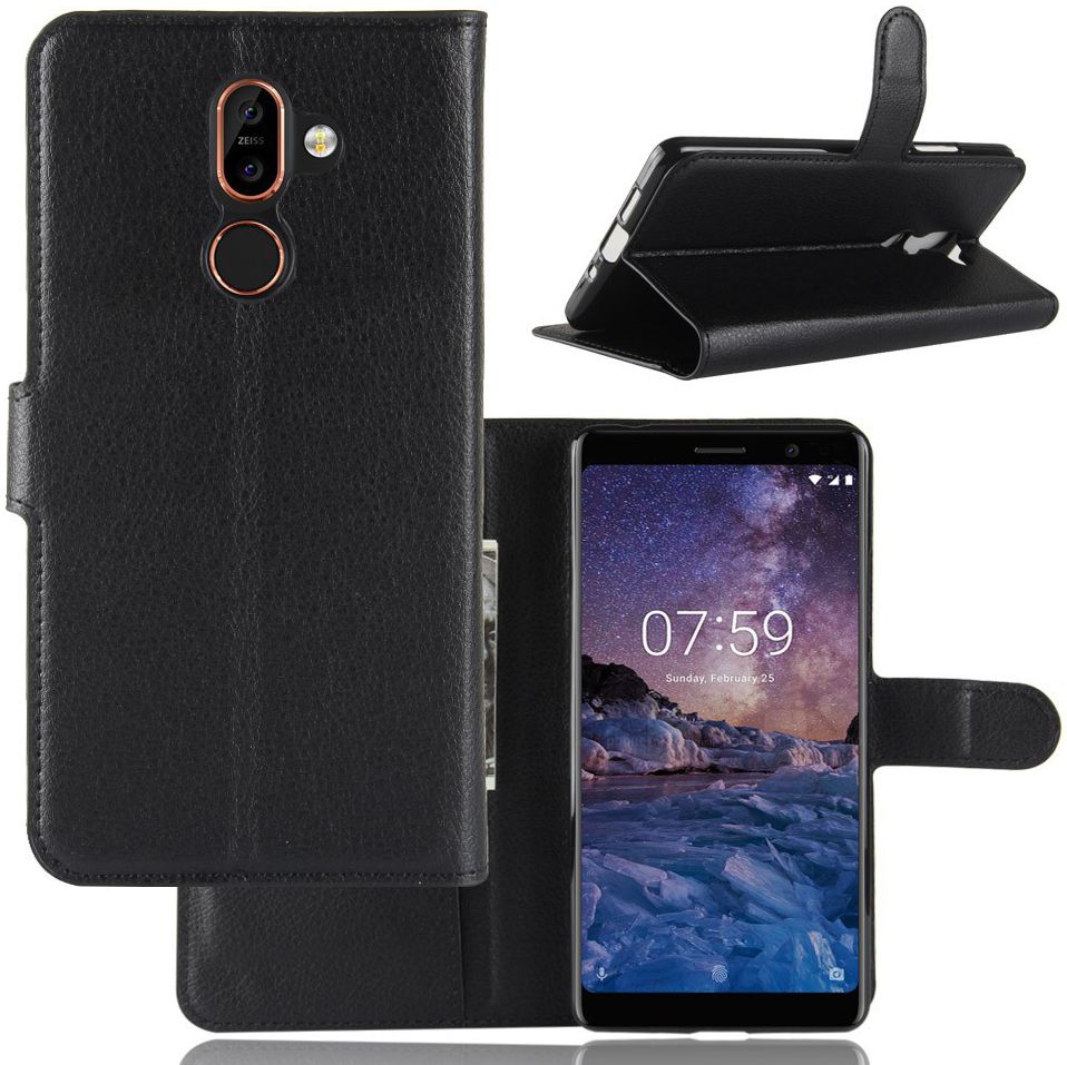 Nokia 7 Plus Lederen Wallet Stand Hoesje Zwart afbeelding 3
