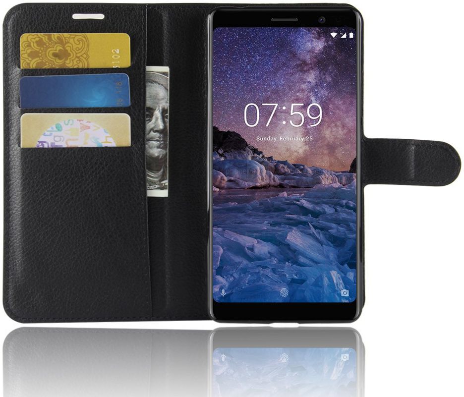 Nokia 7 Plus Lederen Wallet Stand Hoesje Zwart afbeelding 2