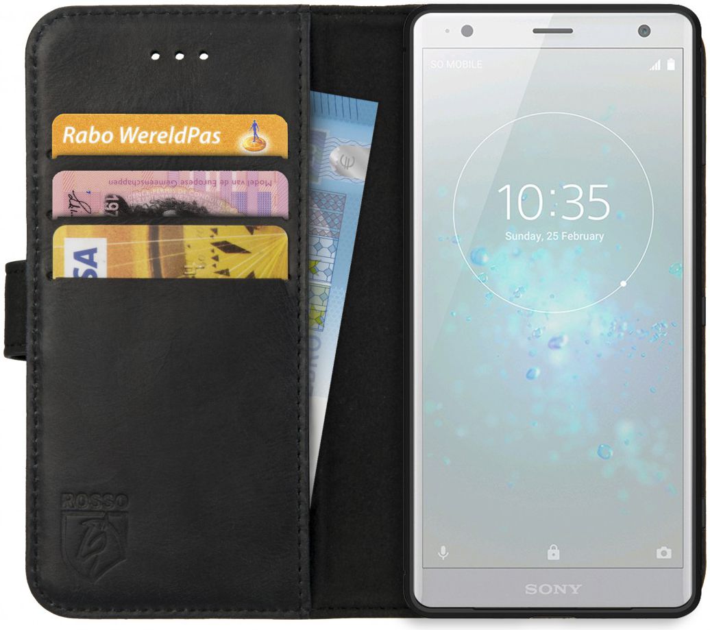 Rosso Deluxe Sony Xperia XZ2 Hoesje Echt Leer Book Case Zwart afbeelding 1