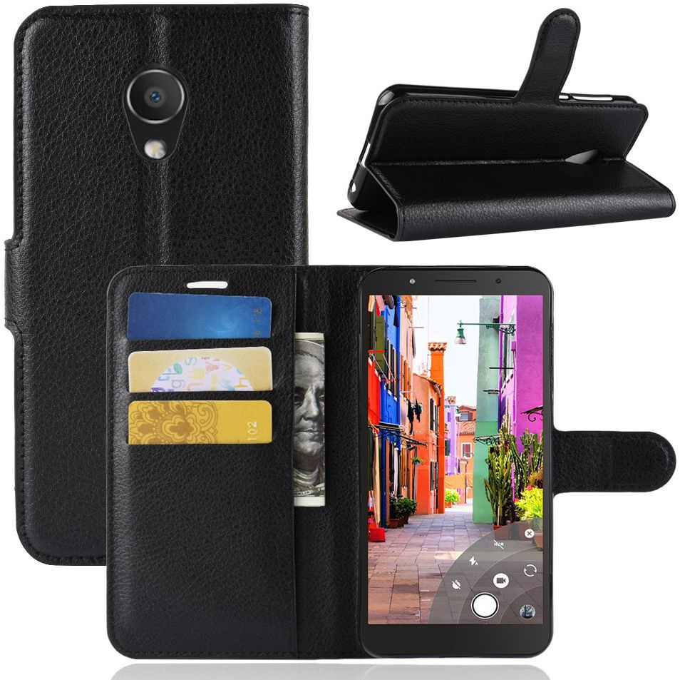 Alcatel 1C Lederen Wallet Stand Hoesje Zwart afbeelding 1