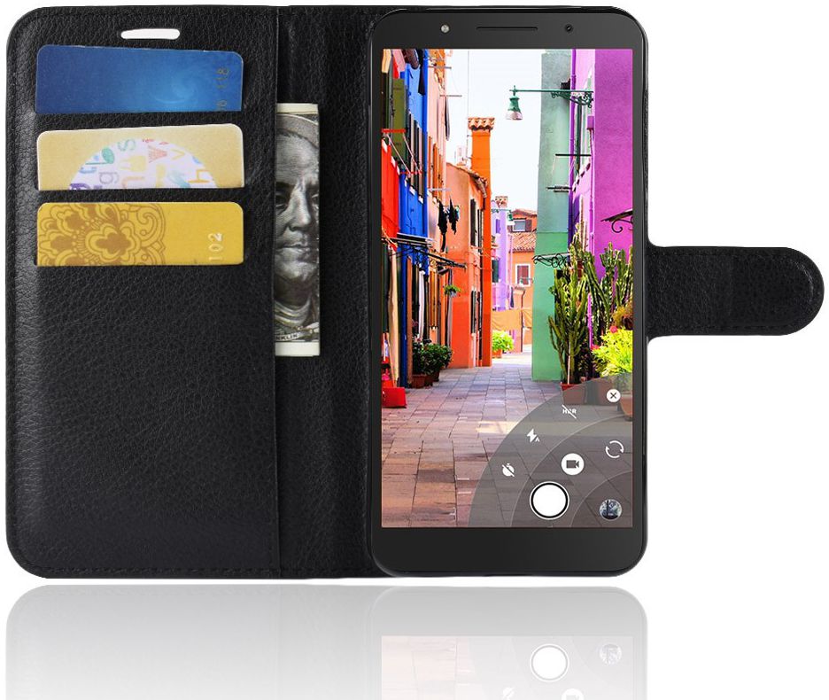 Alcatel 1C Lederen Wallet Stand Hoesje Zwart afbeelding 2