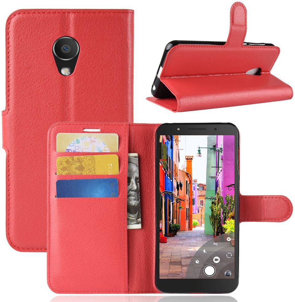 Alcatel 1C Lederen Wallet Stand Hoesje Rood afbeelding 3