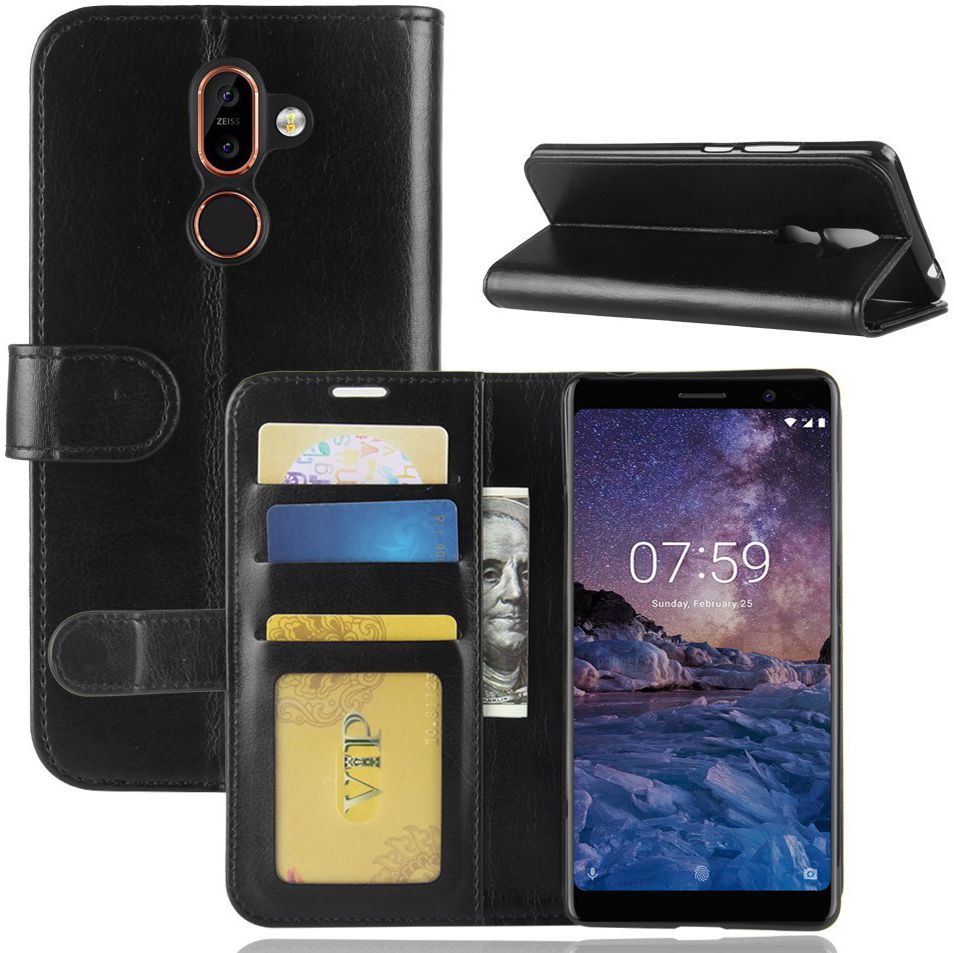 Nokia 7 Plus Lederen Portemonnee Stand Hoesje Zwart afbeelding 2