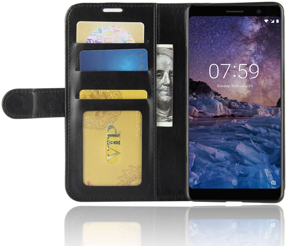 Nokia 7 Plus Lederen Portemonnee Stand Hoesje Zwart afbeelding 4