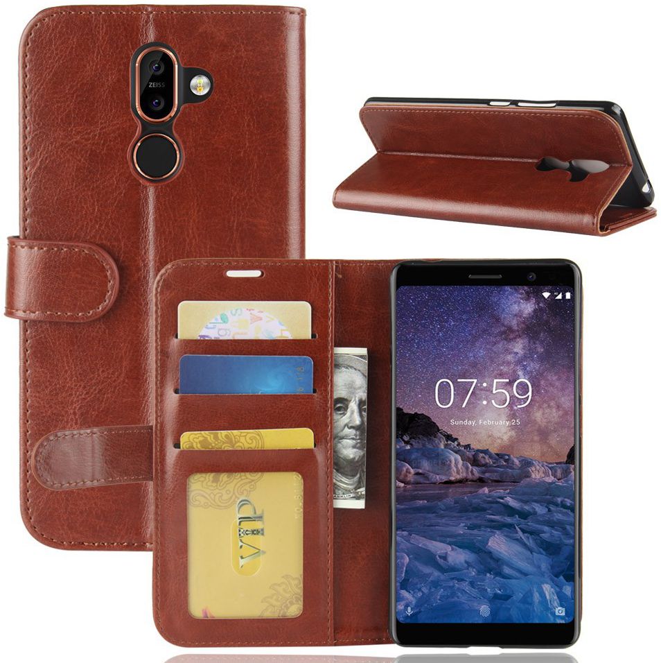 Nokia 7 Plus Lederen Portemonnee Stand Hoesje Bruin afbeelding 2