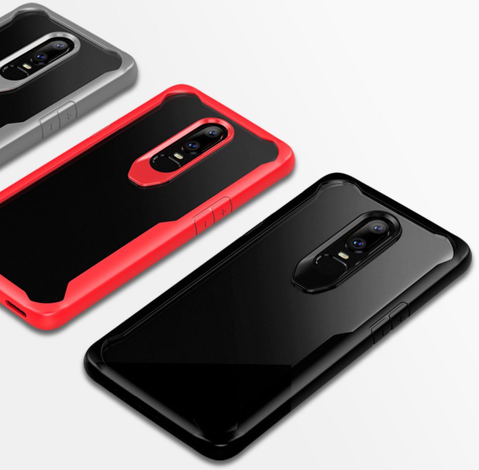 OnePlus 6 Hybride Back Cover Hoesje Transparant / Rood afbeelding 7