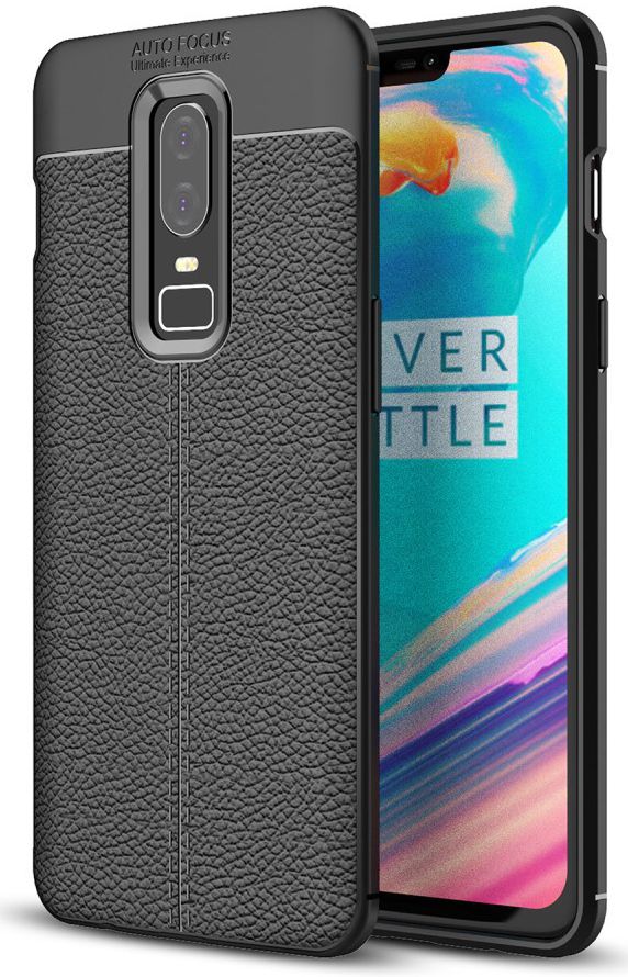 OnePlus 6 Hoesje Back Cover met Lederen Texuur Zwart afbeelding 1