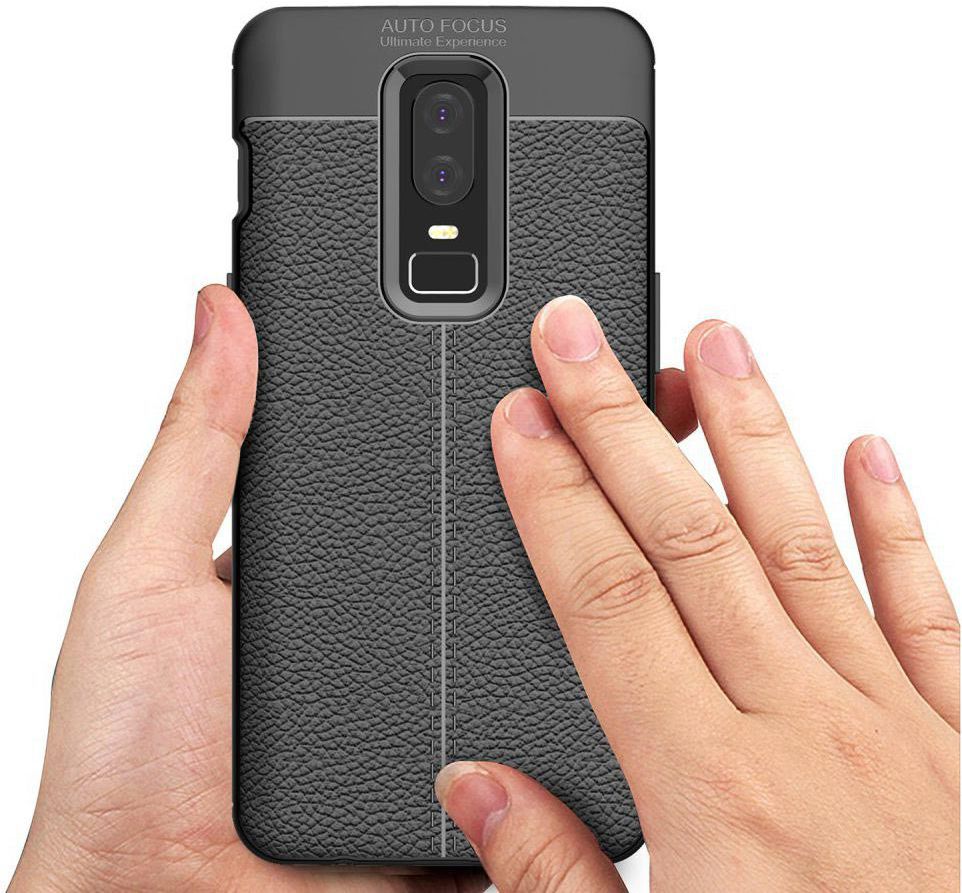 OnePlus 6 Hoesje Back Cover met Lederen Texuur Zwart afbeelding 4
