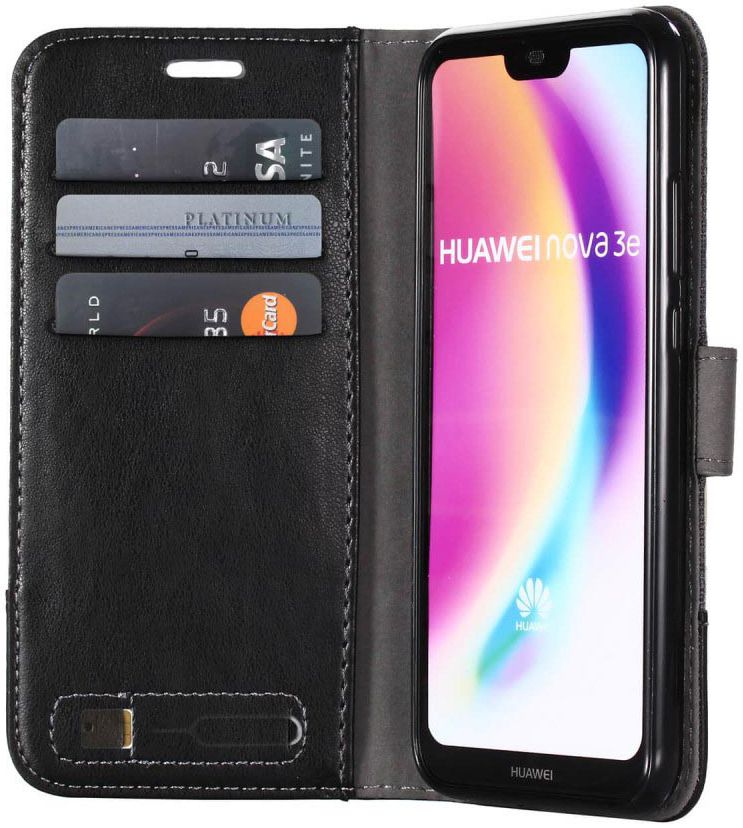 Huawei P20 Lite Linnen Portemonnee Hoesje Zwart afbeelding 1