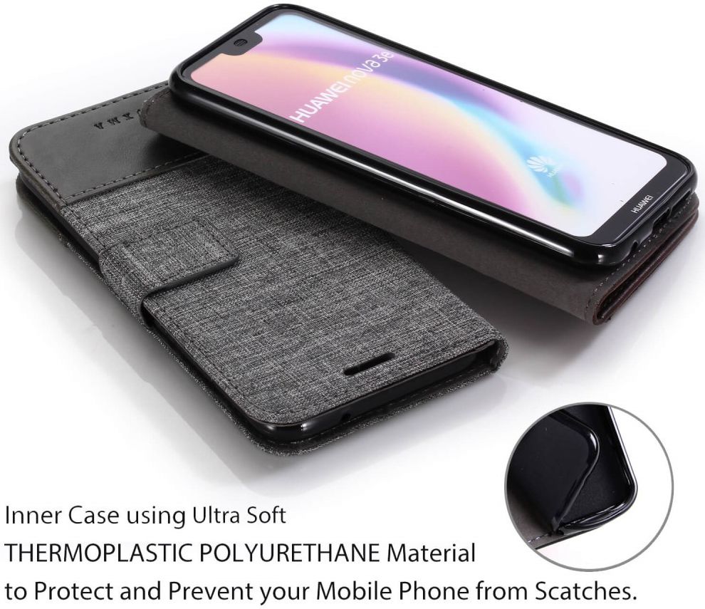 Huawei P20 Lite Linnen Portemonnee Hoesje Grijs afbeelding 5