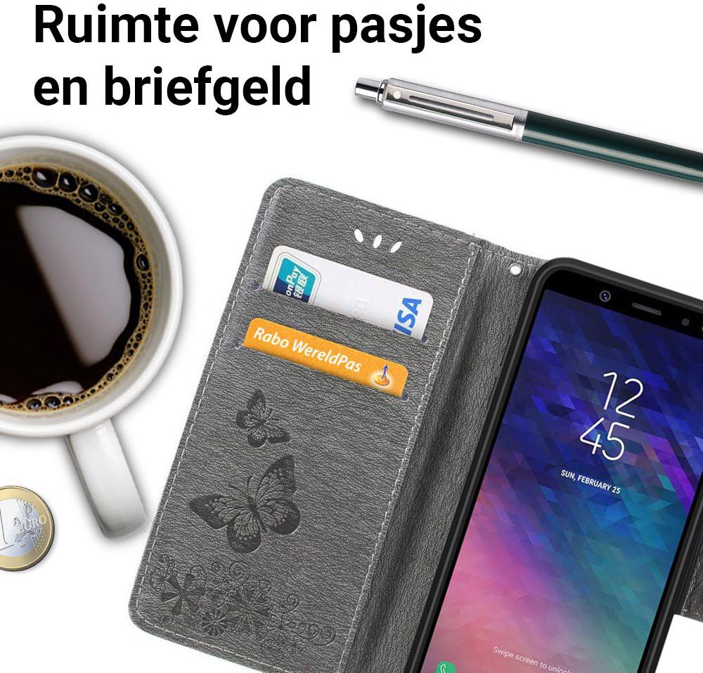 Samsung Galaxy A6 Vlinder Portemonnee Hoesje Grijs afbeelding 3