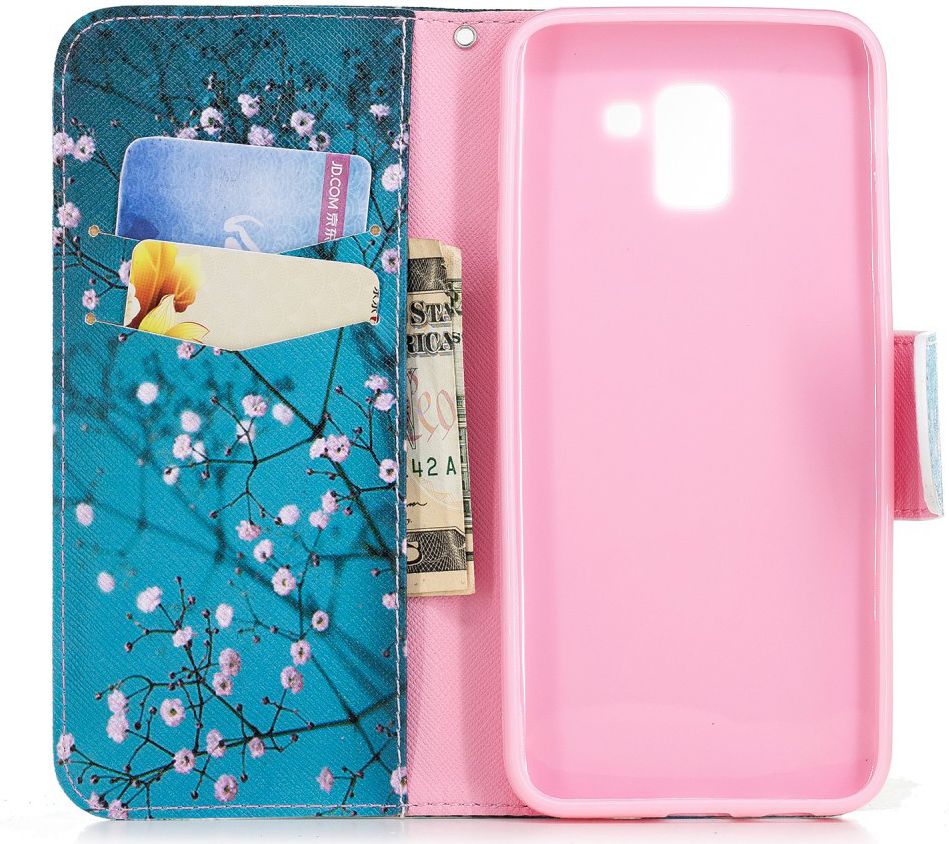 Samsung Galaxy J6 (2018) Lederen Portemonnee Hoesje Pink Flowers afbeelding 4