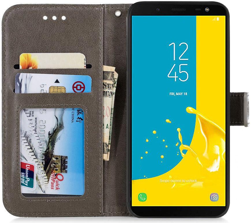 Samsung Galaxy J6 (2018) Lederen Wallet Hoesje Flower Print Grijs afbeelding 2