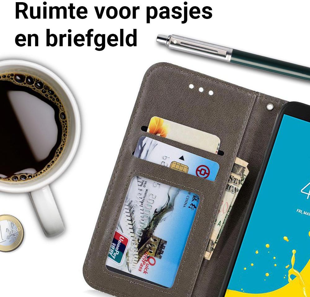 Samsung Galaxy J6 (2018) Lederen Wallet Hoesje Flower Print Grijs afbeelding 4