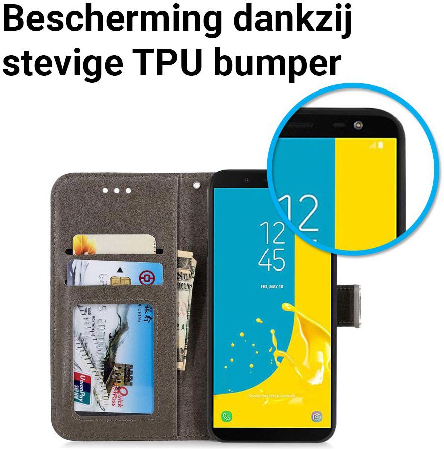 Samsung Galaxy J6 (2018) Lederen Wallet Hoesje Flower Print Grijs afbeelding 5