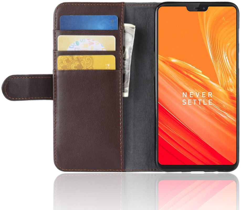 OnePlus 6 Lederen Wallet Stand Hoesje Bruin afbeelding 2