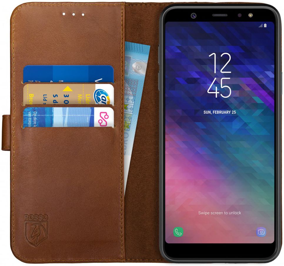Rosso Deluxe Samsung Galaxy A6 Plus hoesje Echt Leer Book Case Bruin afbeelding 1