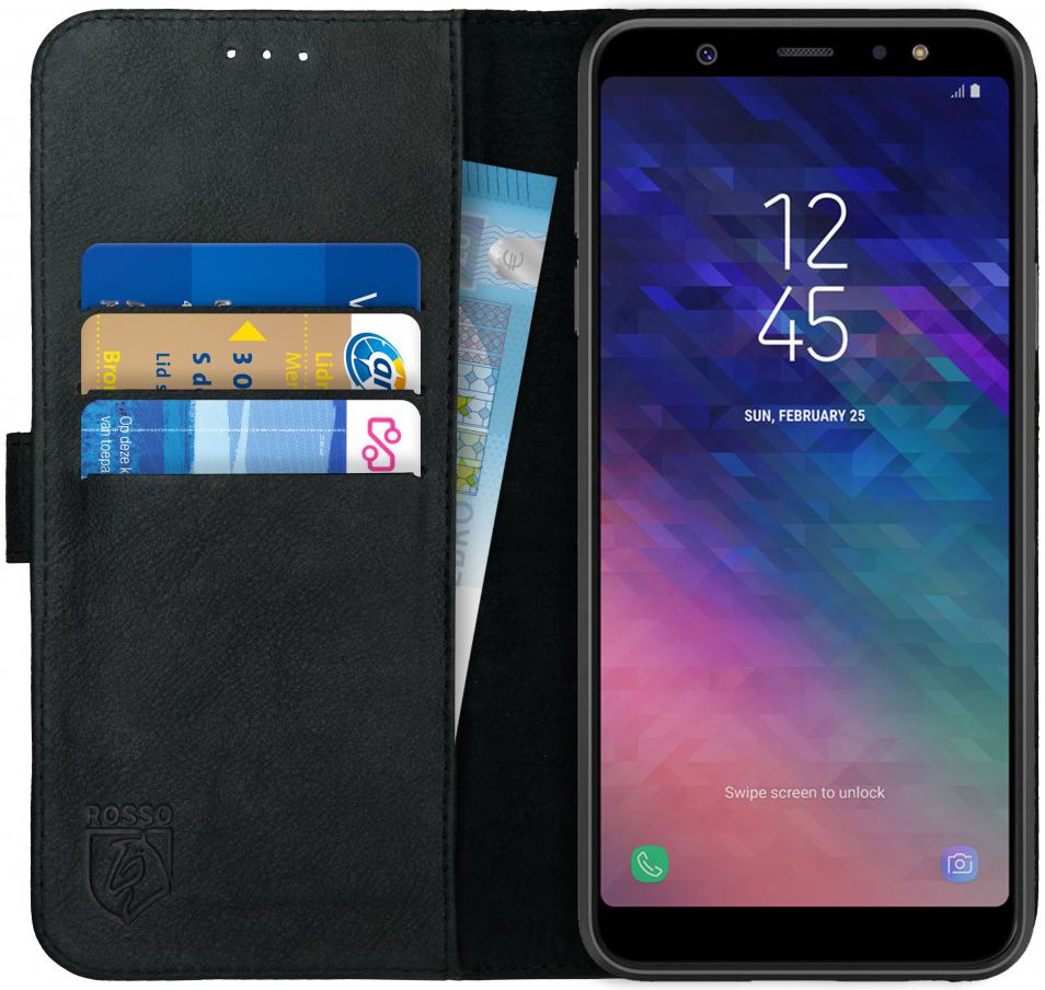 Rosso Deluxe Samsung Galaxy A6 Plus Hoesje Echt Leer Book Case Zwart afbeelding 1