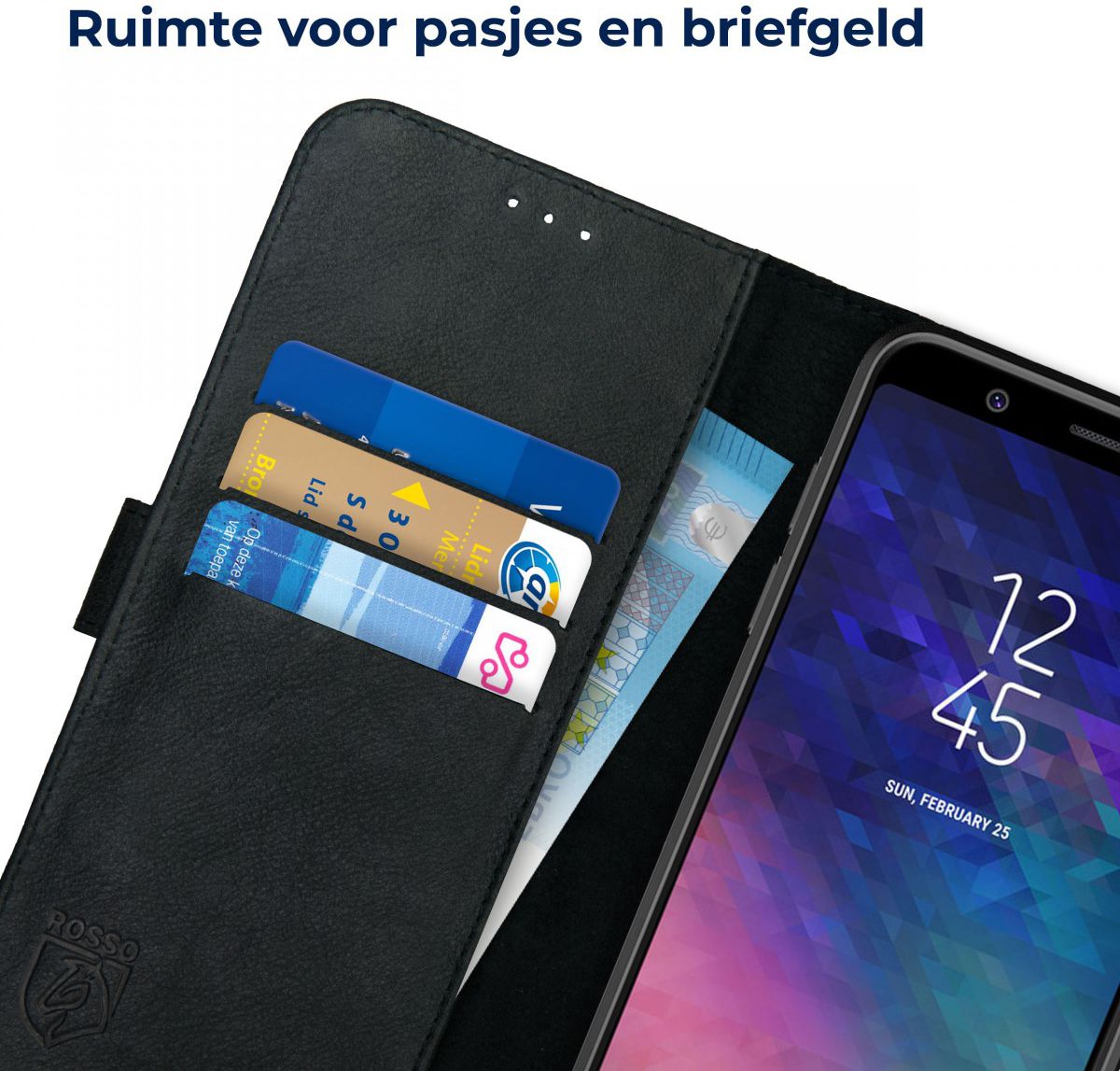Rosso Deluxe Samsung Galaxy A6 Plus Hoesje Echt Leer Book Case Zwart afbeelding 4
