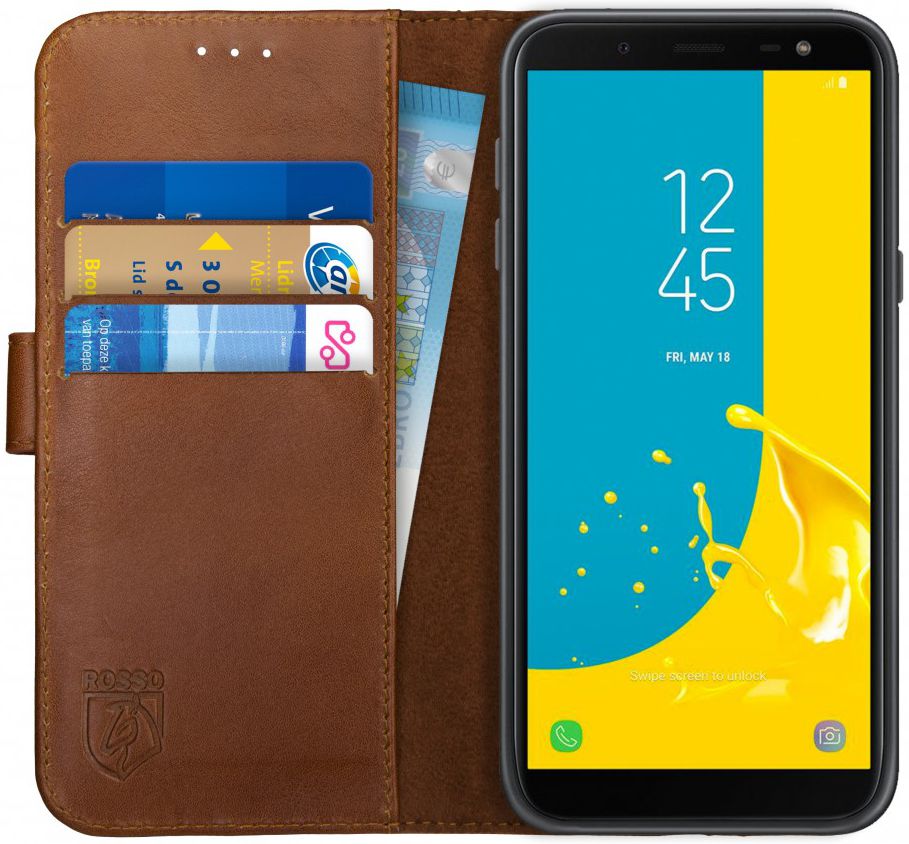 Rosso Deluxe Samsung Galaxy J6 2018 Hoesje Echt Leer Book Case Bruin afbeelding 1