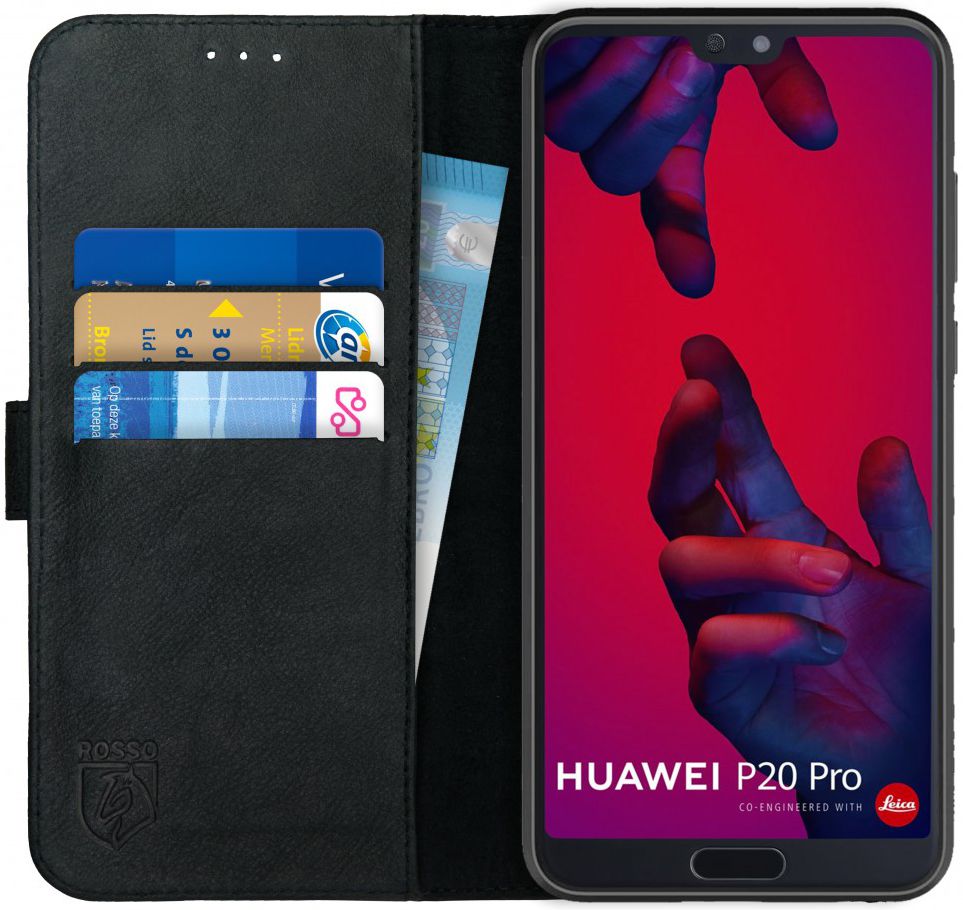 Rosso Deluxe Huawei P20 Pro Hoesje Echt Leer Book Case Zwart afbeelding 1