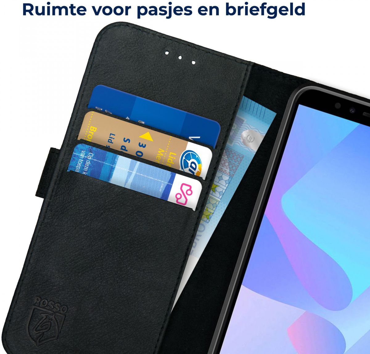 Rosso Deluxe Huawei Y6 2018 Hoesje Echt Leer Book Case Zwart afbeelding 4