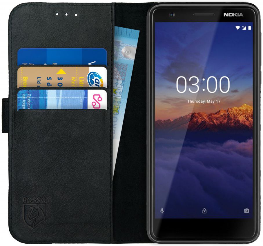 Rosso Deluxe Nokia 3.1 Hoesje Echt Leer Book Case Zwart afbeelding 1