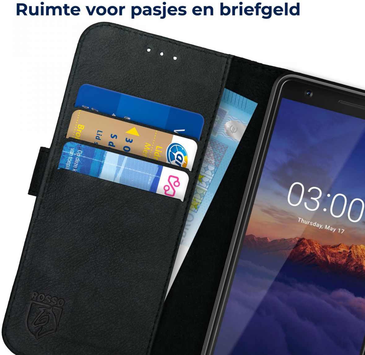 Rosso Deluxe Nokia 3.1 Hoesje Echt Leer Book Case Zwart afbeelding 5