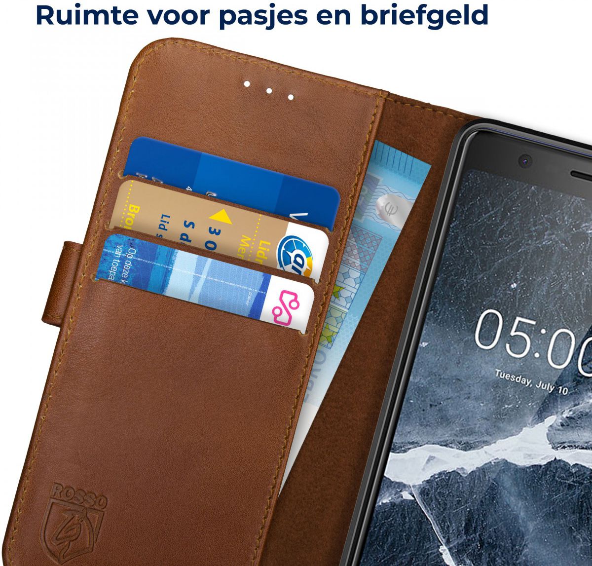 Rosso Deluxe Nokia 5.1 Hoesje Echt Leer Book Case Bruin afbeelding 6