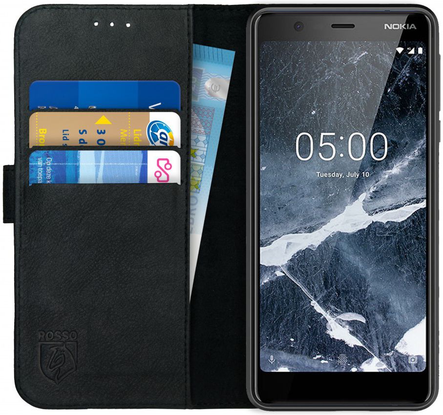 Rosso Deluxe Nokia 5.1 Hoesje Echt Leer Book Case Zwart afbeelding 1