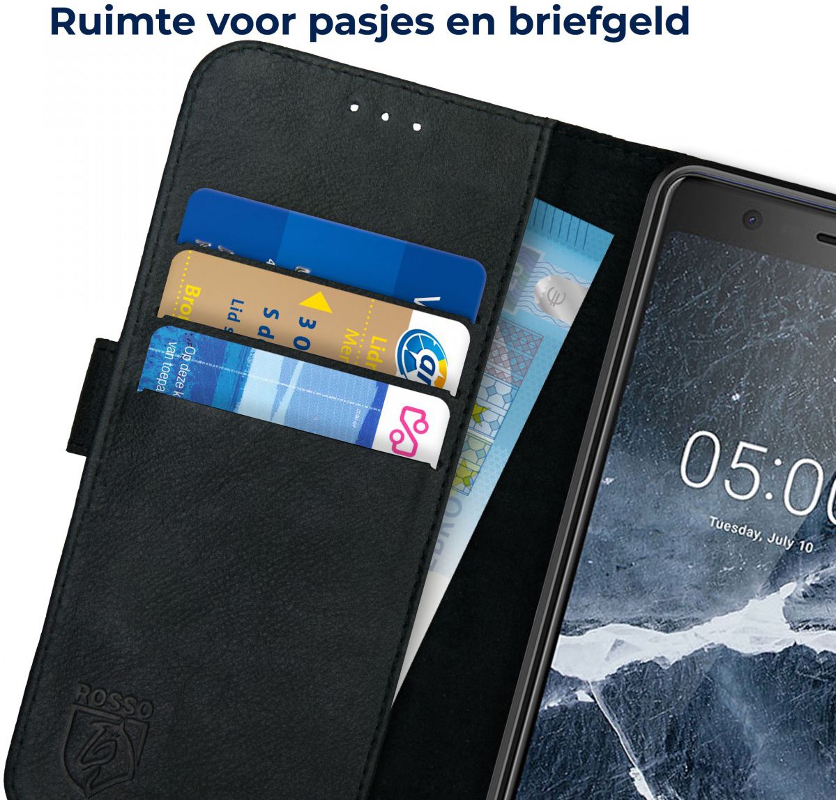Rosso Deluxe Nokia 5.1 Hoesje Echt Leer Book Case Zwart afbeelding 6