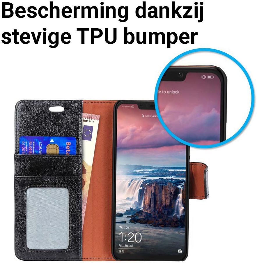Huawei P Smart Plus Portemonnee Hoesje Echt Leer Zwart afbeelding 5