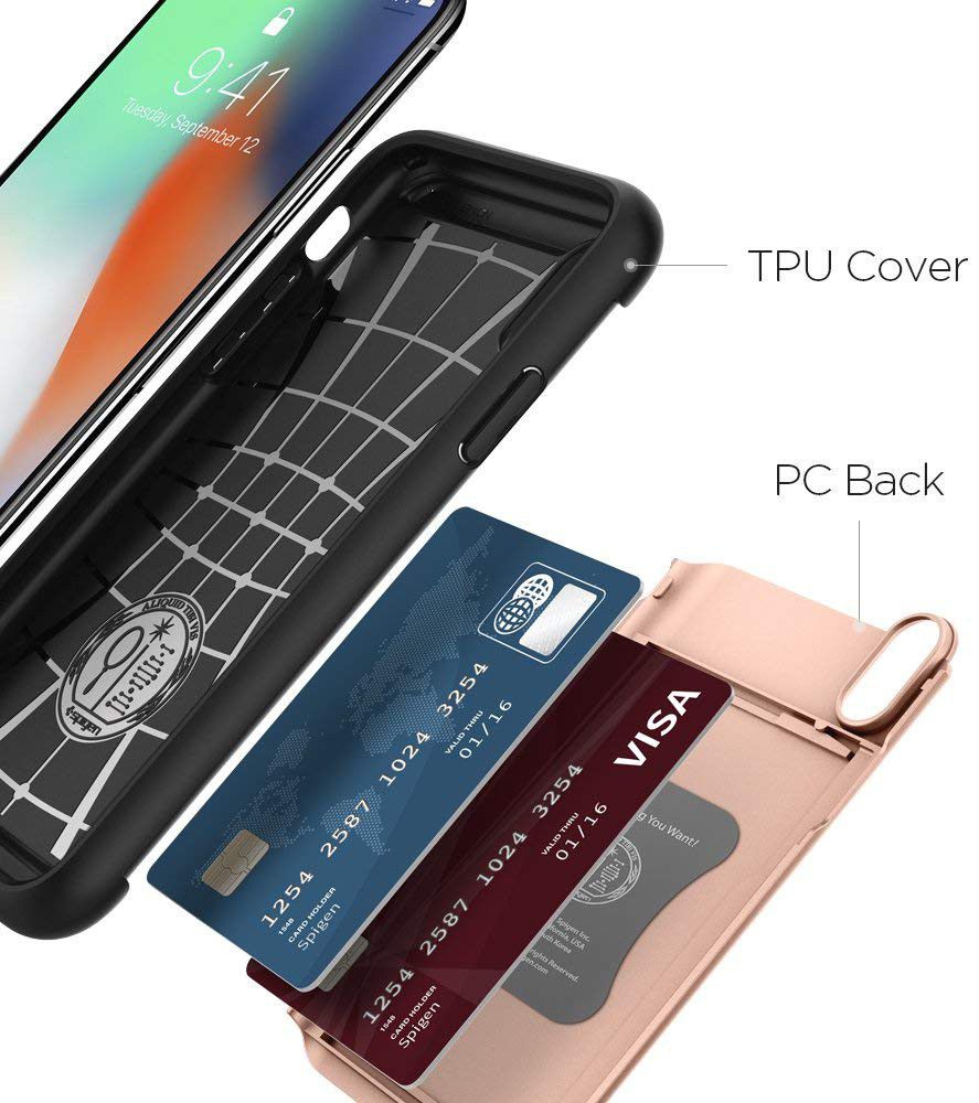 Spigen Slim Armor Card Holder Case Apple iPhone XS Hoesje Rose Gold afbeelding 4