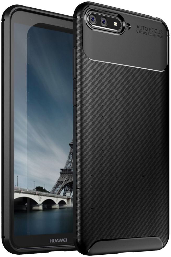 Huawei Y6 2018 Siliconen Carbon Hoesje Zwart afbeelding 1