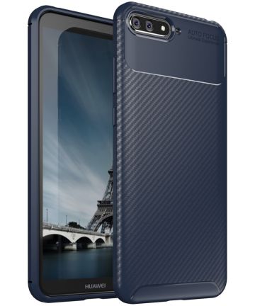 Huawei Y6 2018 Siliconen Carbon Hoesje Blauw Hoesjes