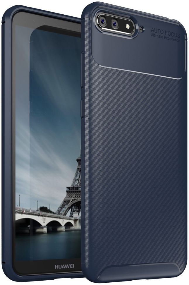 Huawei Y6 2018 Siliconen Carbon Hoesje Blauw afbeelding 1