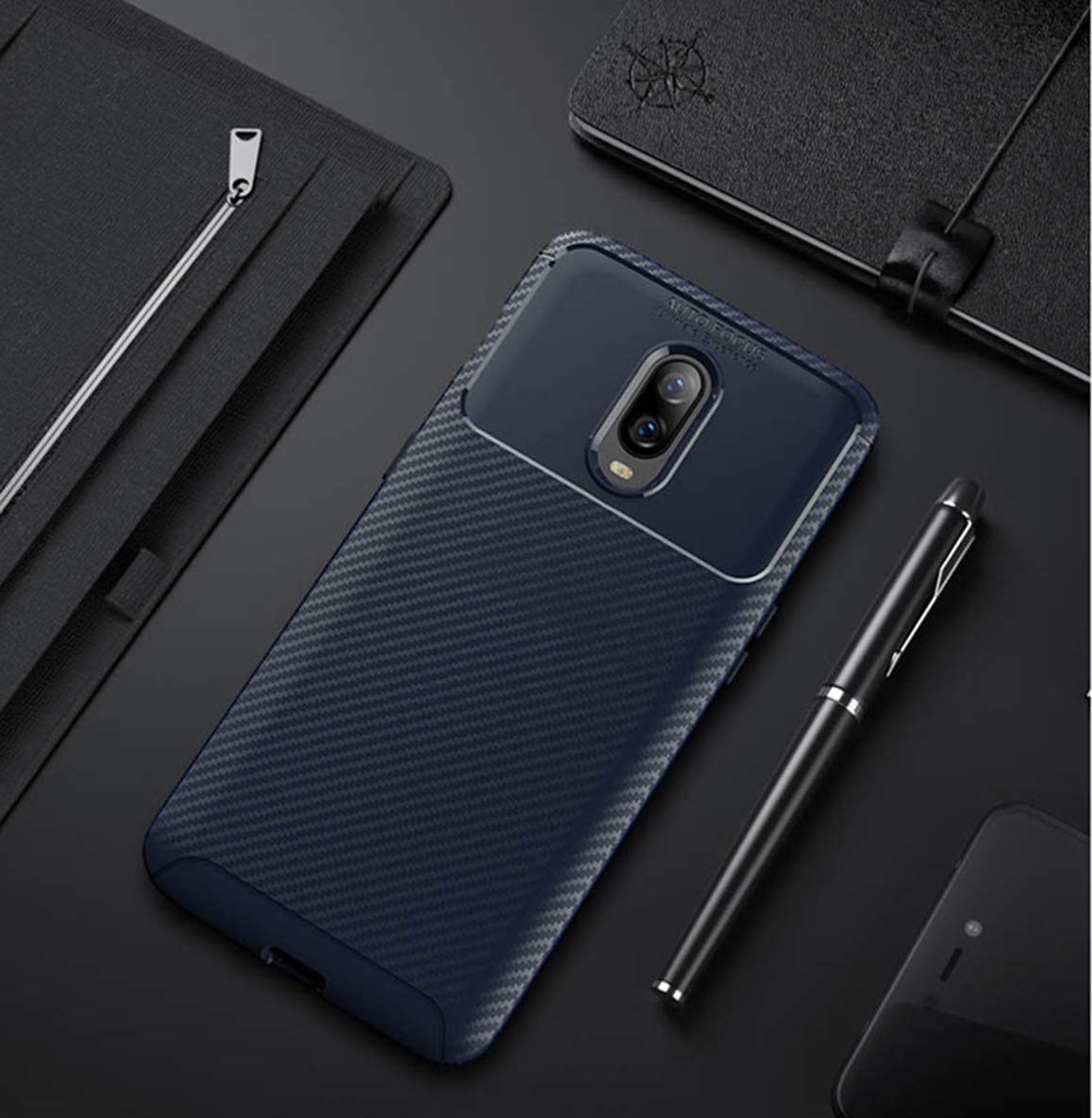 OnePlus 6T Siliconen Carbon Hoesje Blauw afbeelding 4