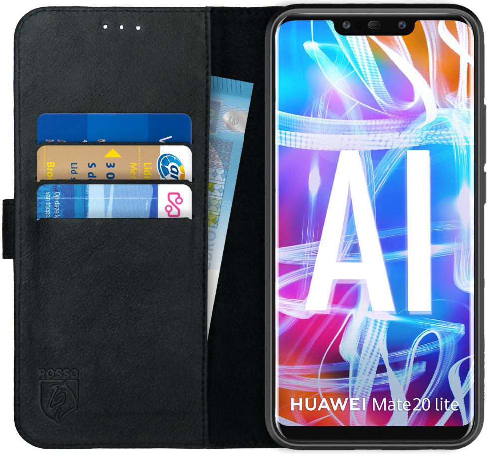 Rosso Deluxe Huawei Mate 20 Lite Hoesje Echt Leer Book Case Zwart afbeelding 1