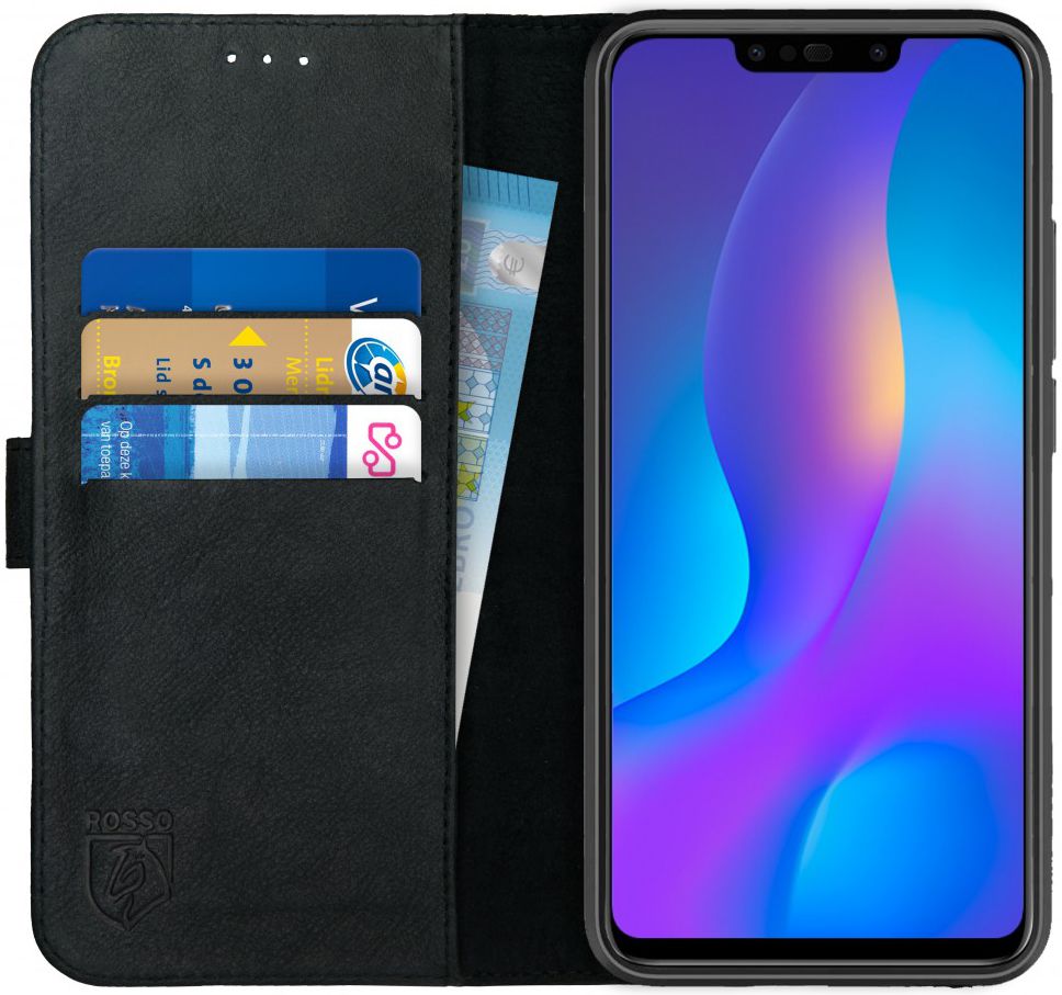 Rosso Deluxe Huawei P Smart Plus Hoesje Echt Leer Book Case Zwart afbeelding 1