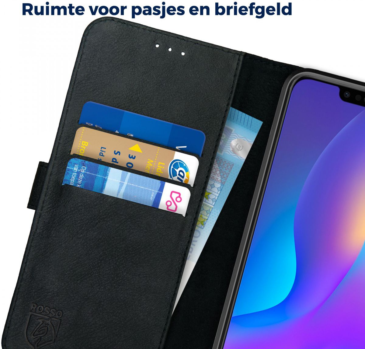 Rosso Deluxe Huawei P Smart Plus Hoesje Echt Leer Book Case Zwart afbeelding 5
