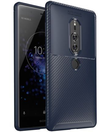 Sony Xperia XZ2 Premium Siliconen Carbon Hoesje Blauw Hoesjes